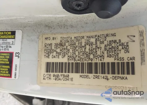 2012 Toyota Corolla Le from USA, damaged, VIN 5YFBU4EEXCP017147